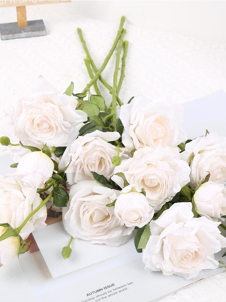 5Pcs Silk Rose Heads Artificial Roses with Stems 15 Heads Long Stem Roses Artificial Flowers Fake Roses Flowers Decoration for Dried Roses Bouquet