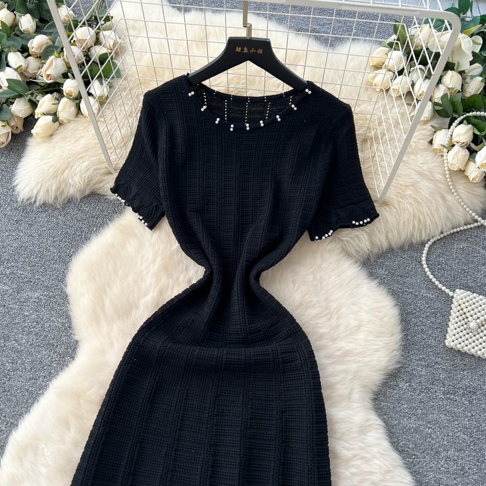 Spring Summer Women Casual Short Sleeve Beading Hollow Out Knitted Sweater Long Maxi Dresses