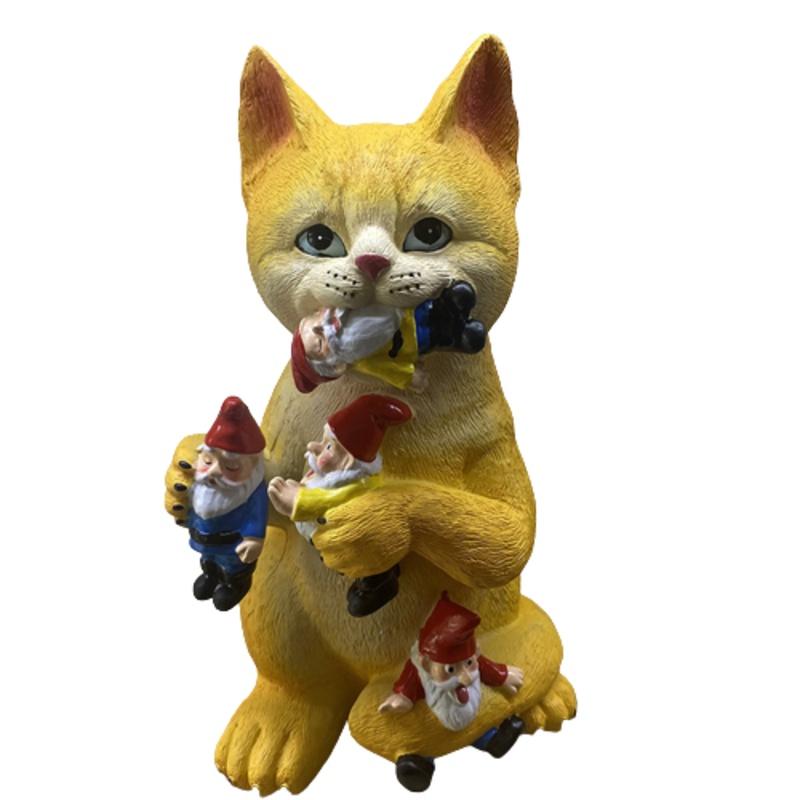 Whimsical Garden Decor Resin Statue Of Cat With Dwarf Handcrafted