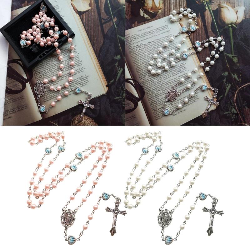 Pink Pearl-Rosary Beads Catholic Necklace Holy Medal-Cross-Christian Long Chain Necklace for Women and Men Jewelry