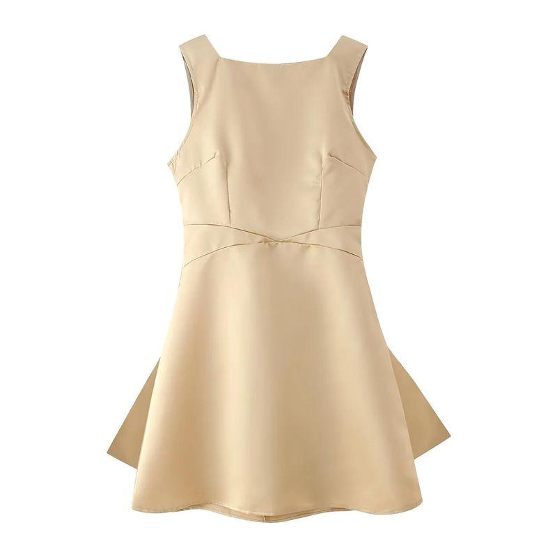 Spring New Women's Clothing Fashion off-Neck Sleeveless High Waist A- line Satin Backless Bow Dress Dress
