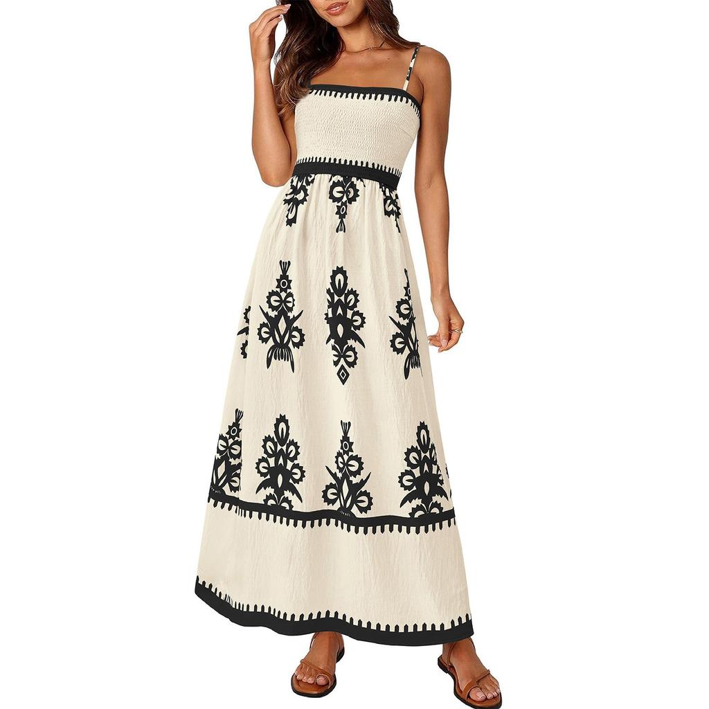 Women's Fashionable Retro Printed Bohemian Beach Dress Beach Vacation Strap Dress