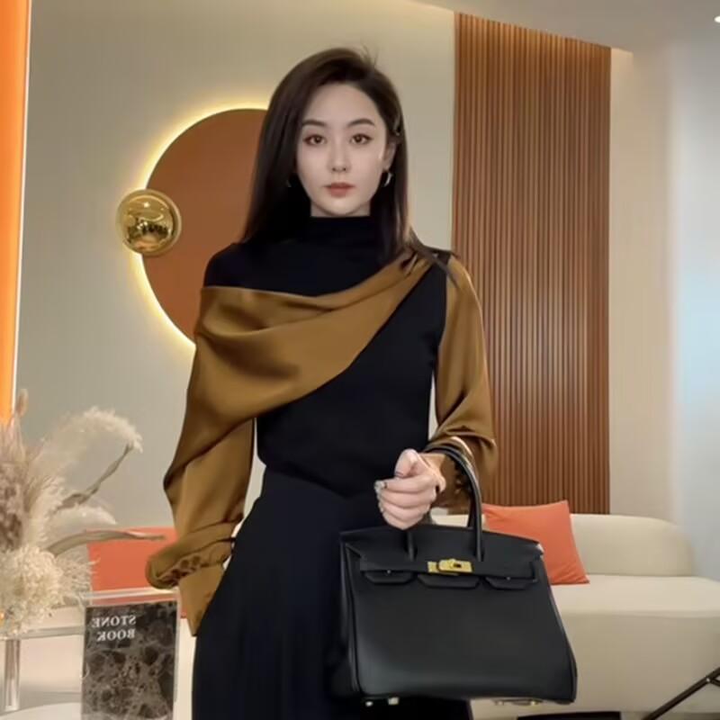 

Spring Sense Нерегулярная базовая рубашка с длинными рукавами и цветными блоками Temperament Универсальный топ с высоким воротом XXS чёрный