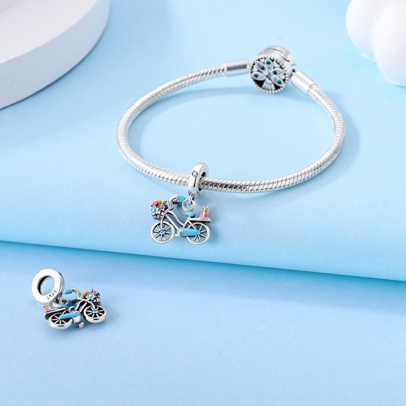 Charms Original Copper Blue Flowers Bicycle Pendant Beads Fit Bracelet Women Jewelry Diy Fine Gift Accessory