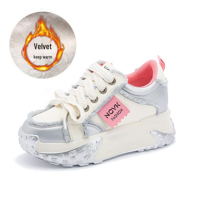 2025 Women's Colorblock Genuine Leather Casual Shoes with Thick Sole and Height Increase