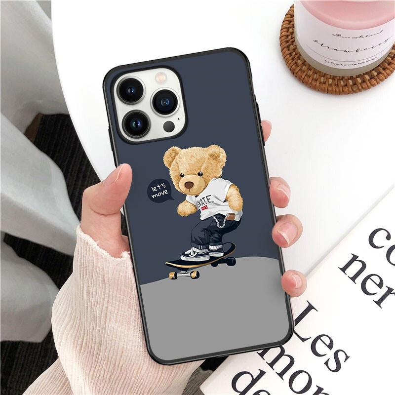 Cartoon Teddy Bear Phone Case for iPhone 14 13 12 11 Pro MAX X XS Max XR Mini SE2022 6S 7 8 Plus Black Case