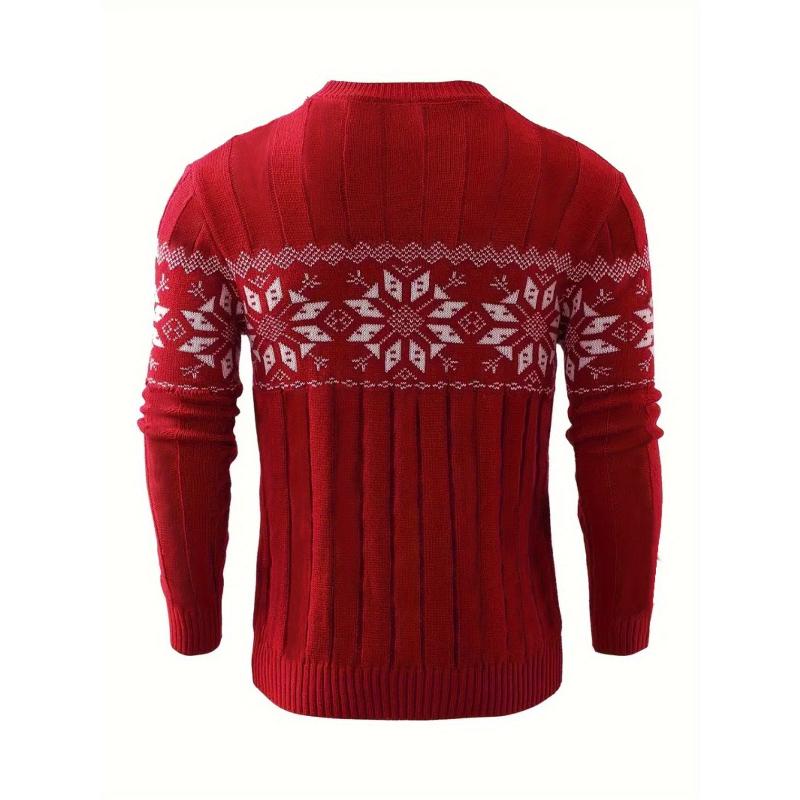 Men's Knit Sweater with Snowflake Pattern Crew Neck Ribbed Design Fall Winter Casual Top