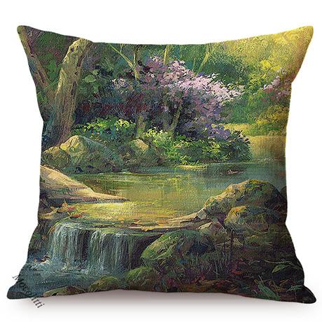 Spring Rural Landscape Pattern Sofa Decorative Cushion Cover Quiet Creek Florals Scenery Cotton Linen Throw Pillow Case Cojines