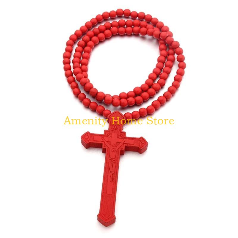 F26C Catholic for Cross Necklace with Wooden Beads Rosary Religious Wear Jesus Carved Crucifix Pendant Chain Christian Prayer