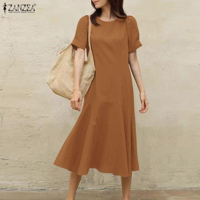 ZANZEA Women Casual Round Neck Solid Color Short Sleeve Dress