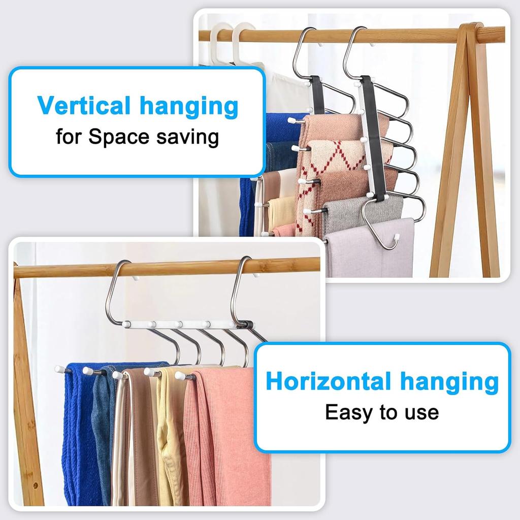 2 Pack Pants Hangers Space Saving Clothes Hangers 5 Layers, Non Slip Pant Hanger for Closet Organizers and Storage, Stainless Steel Jean Hangers