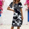 Women Plus Size Round Neck Short Sleeve Camouflage Printed Fitted Dress Black Gray White