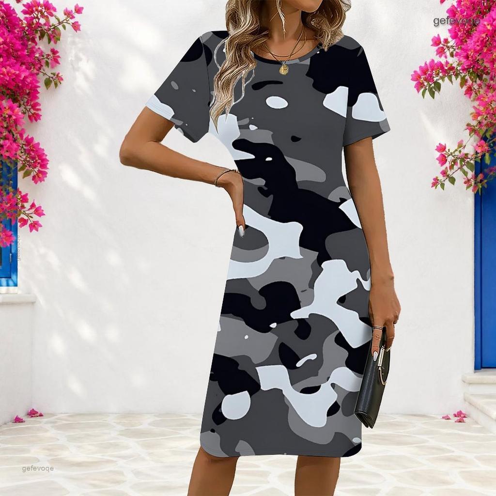 Women Plus Size Round Neck Short Sleeve Camouflage Printed Fitted Dress Black Gray White