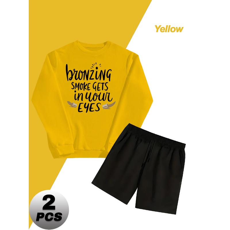 

Мужской повседневный спортивный костюм из полиэстера, состоящий из 2 предметов: свитшот с круглым вырезом и шорты с регулируемой талией для активного отдыха XXL жёлтый