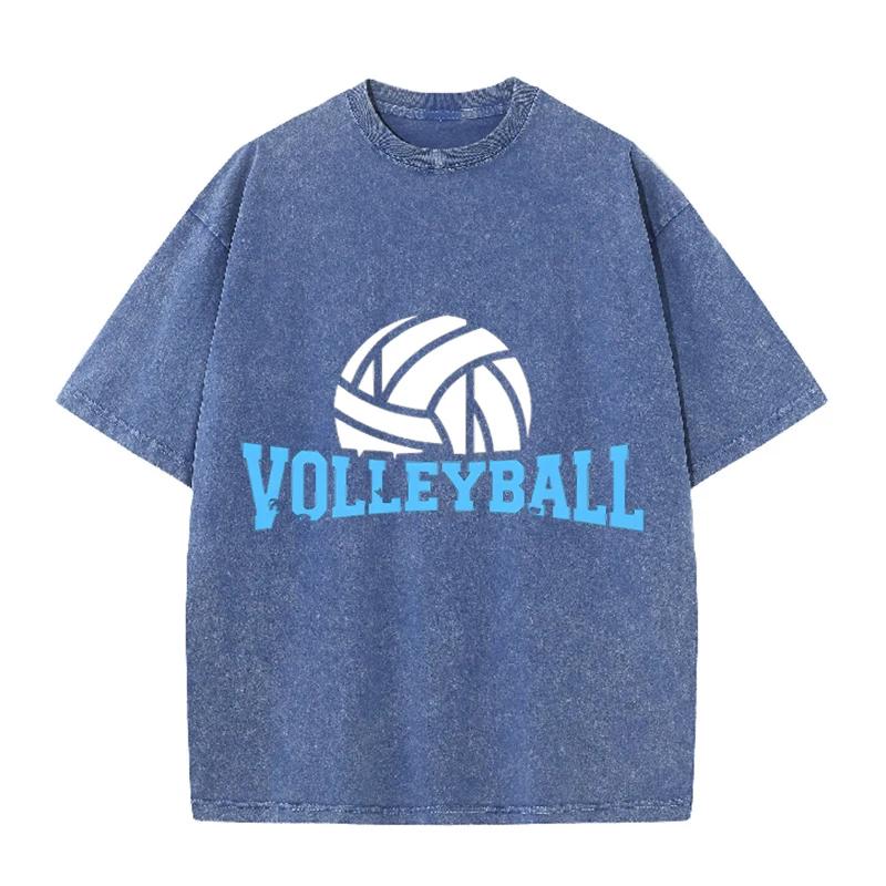 Volleyball Print Vintage Washed Black T Shirt Men Sports Casual Short Sleeve Tee