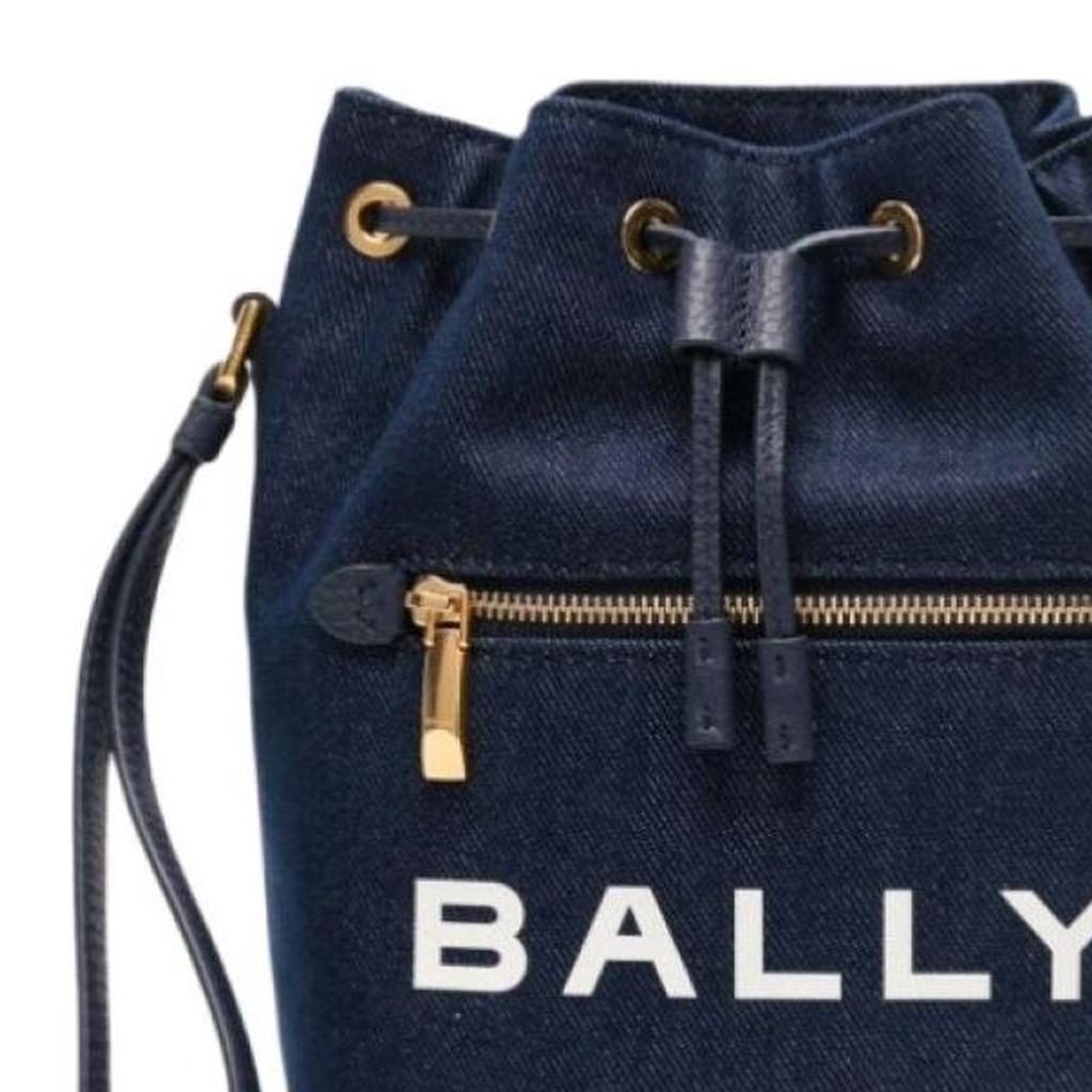 Bally Letter Logo Front Zipper Pocket Fabric Bucket Bag Women Handbags Blue 6306618