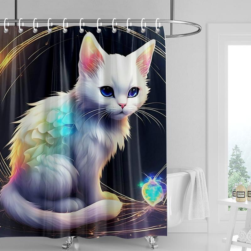 

Adorable Cat & Flower Shower Curtain Washable Dirt-Resistant Shower Head waterproof Polyester Bath Curtain For Home Decor 90x180CM
