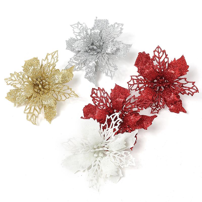 11CM 5Pcs Glitter Artifical Christmas Flowers With Clips Christmas Tree Wreath Decoration Xmas Ornaments Home New Year 2026