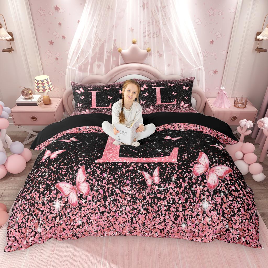 Homewish Initial Monogrammed Duvet Cover Set Black Pink Comforter Cover Set For Girls Butterfly Glitter Print Bed Set