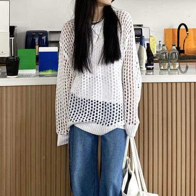 Frühling Neue Gestrickte Aushöhlen Beiläufige Lose Blusen Frauen Langarm Sommer Sonnenschutz frauen Shirts Rundhals Solide Damen hemd Tops 26056