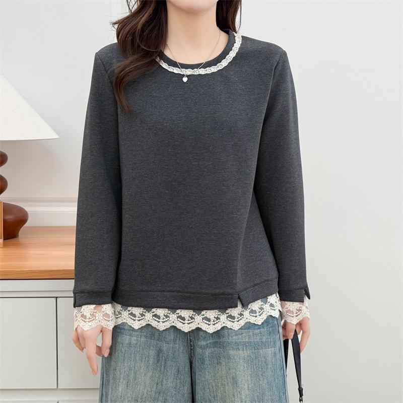 Women's Plus Size Lace Hem Hoodie Sweatshirt - Spring 2026 Chubby Girl Long Sleeve Casual Top