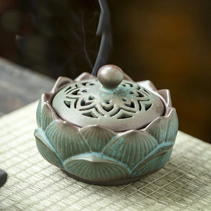 Zen Lotus Ceramic Incense Burner - Antique Sandalwood Coil for Indoor Use