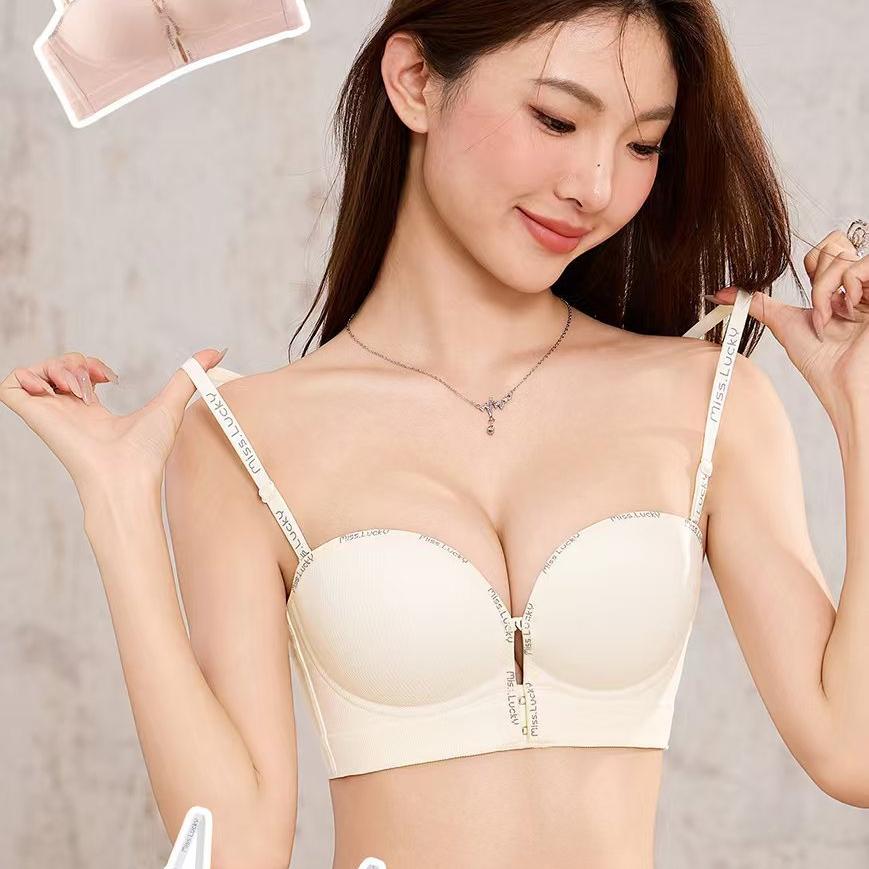 Gather Front Button Bra Female Sexy Detachable Letter Shoulder Straps Bra Top Support Anti Slip Lifting Bra