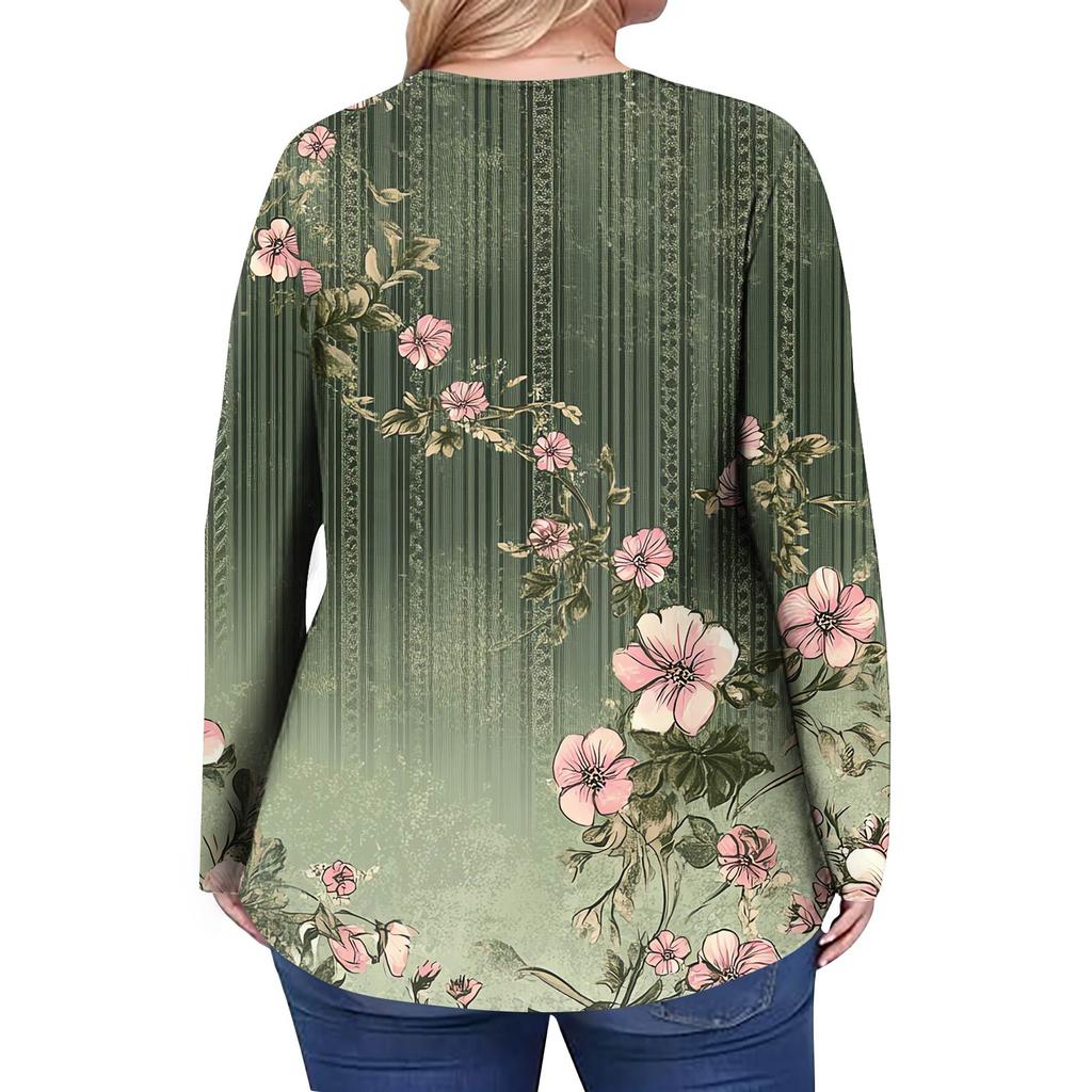 Women's Plus Size Fashion Printed Casual Pleated Round Neck Long Sleeve Top