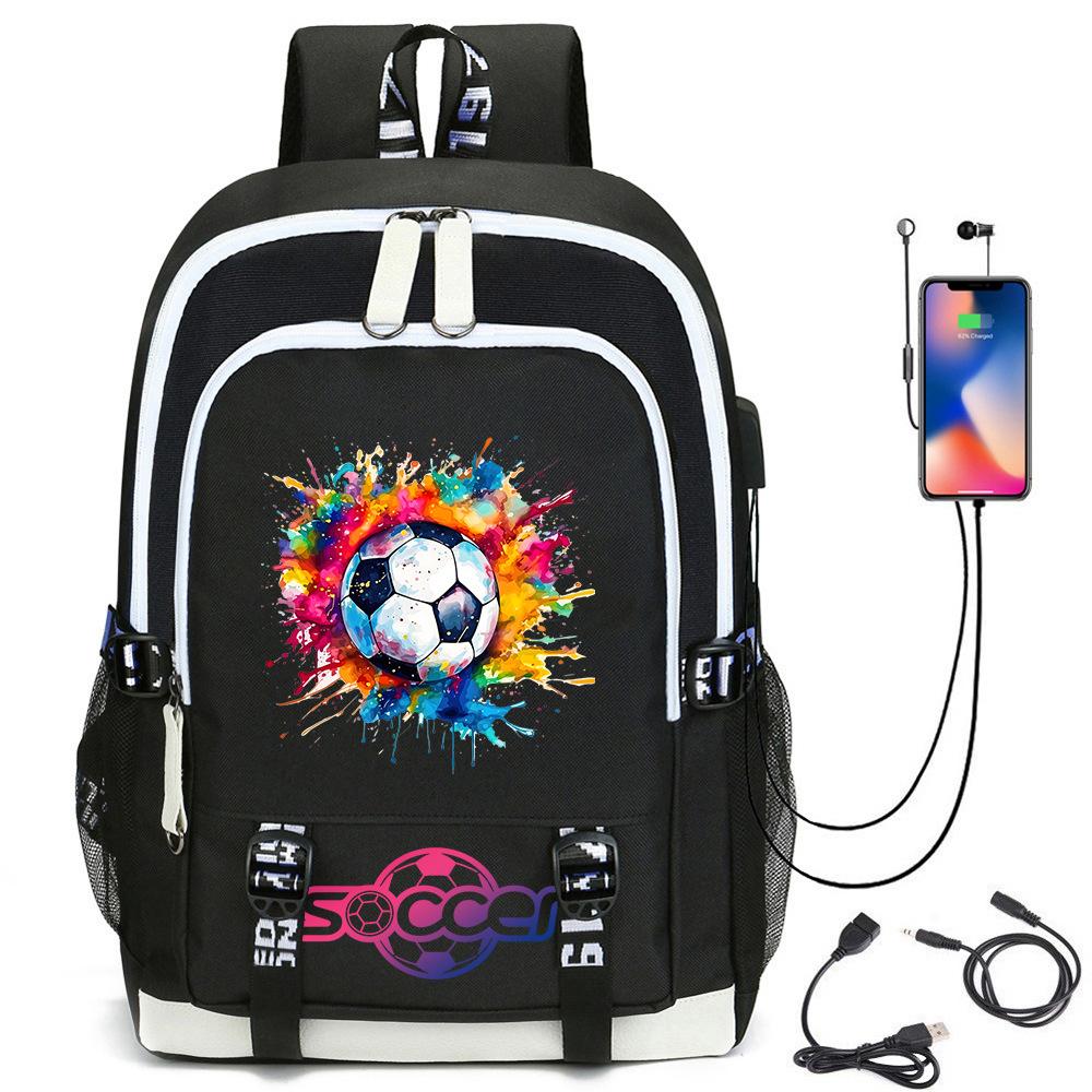 Football Star Printed Schoolbag Backpack Usb Charging Student Backpack Computer Bag