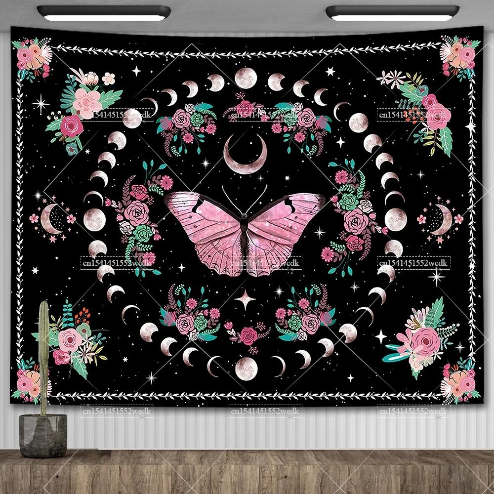 Psychedelic Bohemian Wall Tapestry For Living Room Moon Phase And Stars Tapestrys Butterfly Snake Tapestries Tarot Altar Cloths