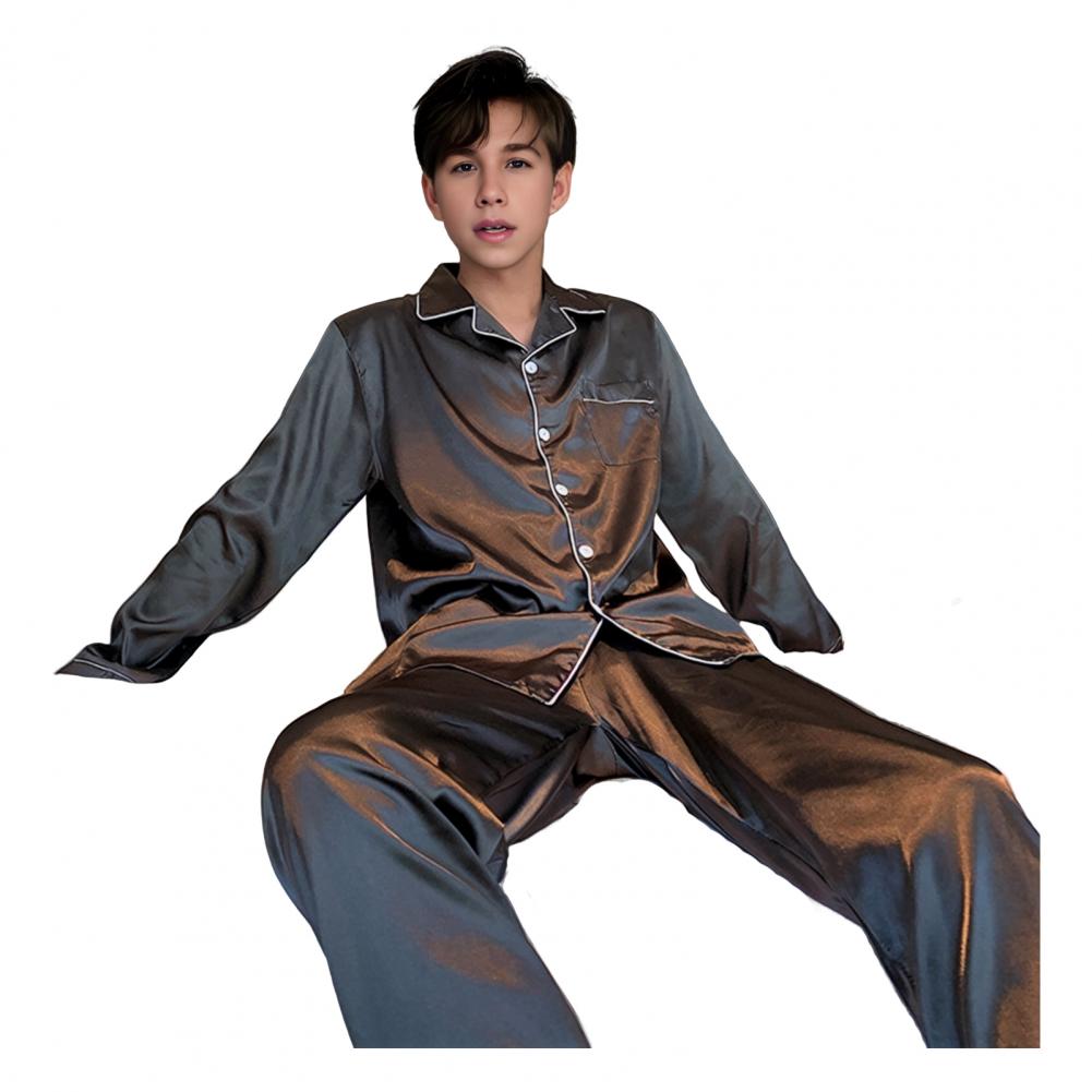 2 stk/sett Herre Sommer Pyjamassett Revers Langermet Skjorte Elastisk Midje Lommer Vide Ben Bukser Sett Ensfarget Enkeltspent Slee