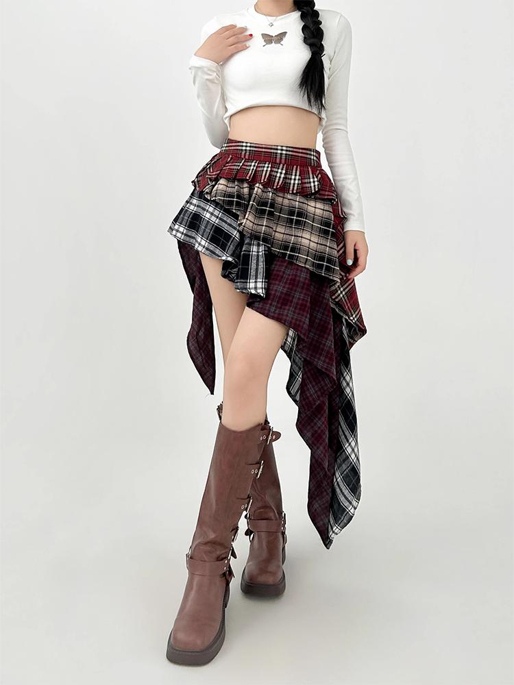 Damen A-Linie Karierter Rock Vintage Mode Ästhetik Y2k Asymmetrischer Minirock Harajuku Koreanischer Rock 2000er Jahre Kleidung Sommer