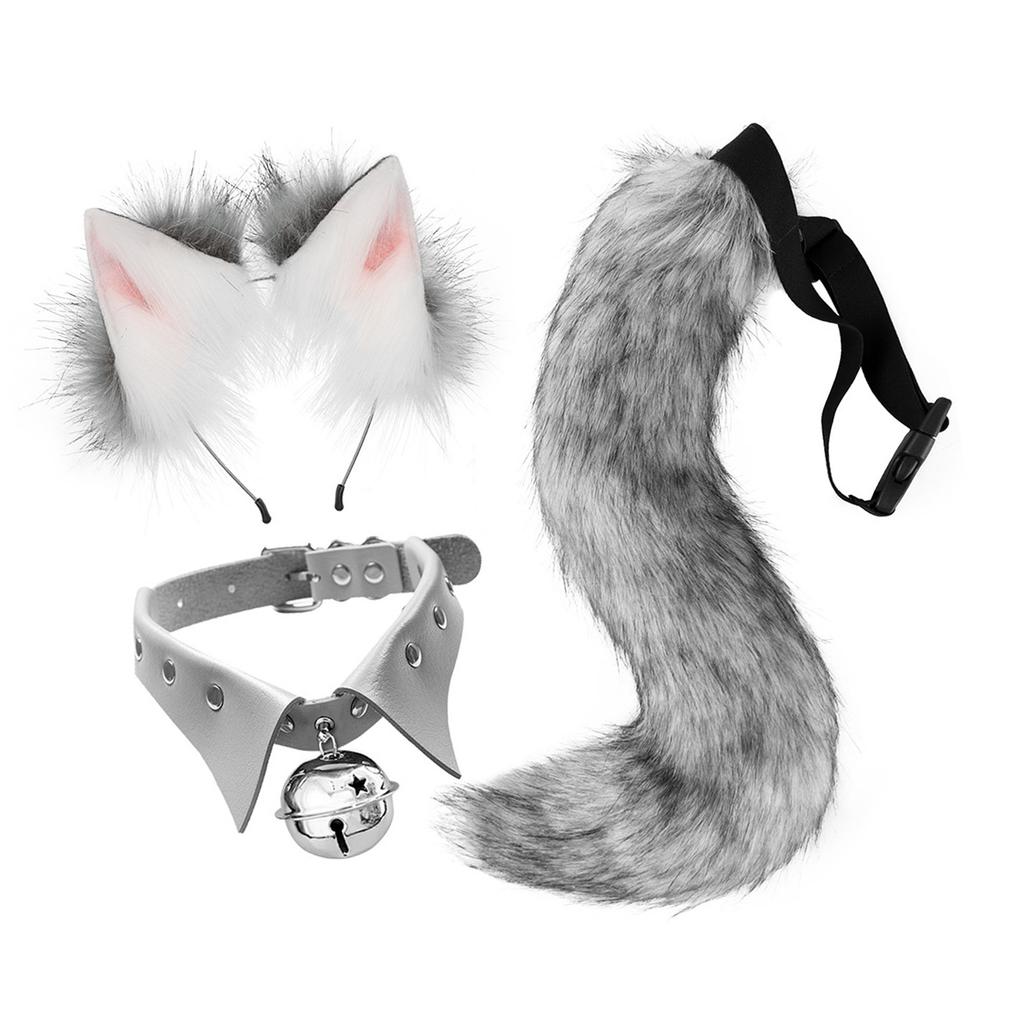 Faux Fur Wolf Fox Tail Ears Hair Clips Neck Collar Set Cat Ears and Wolf Fox Animal Tail Cosplay