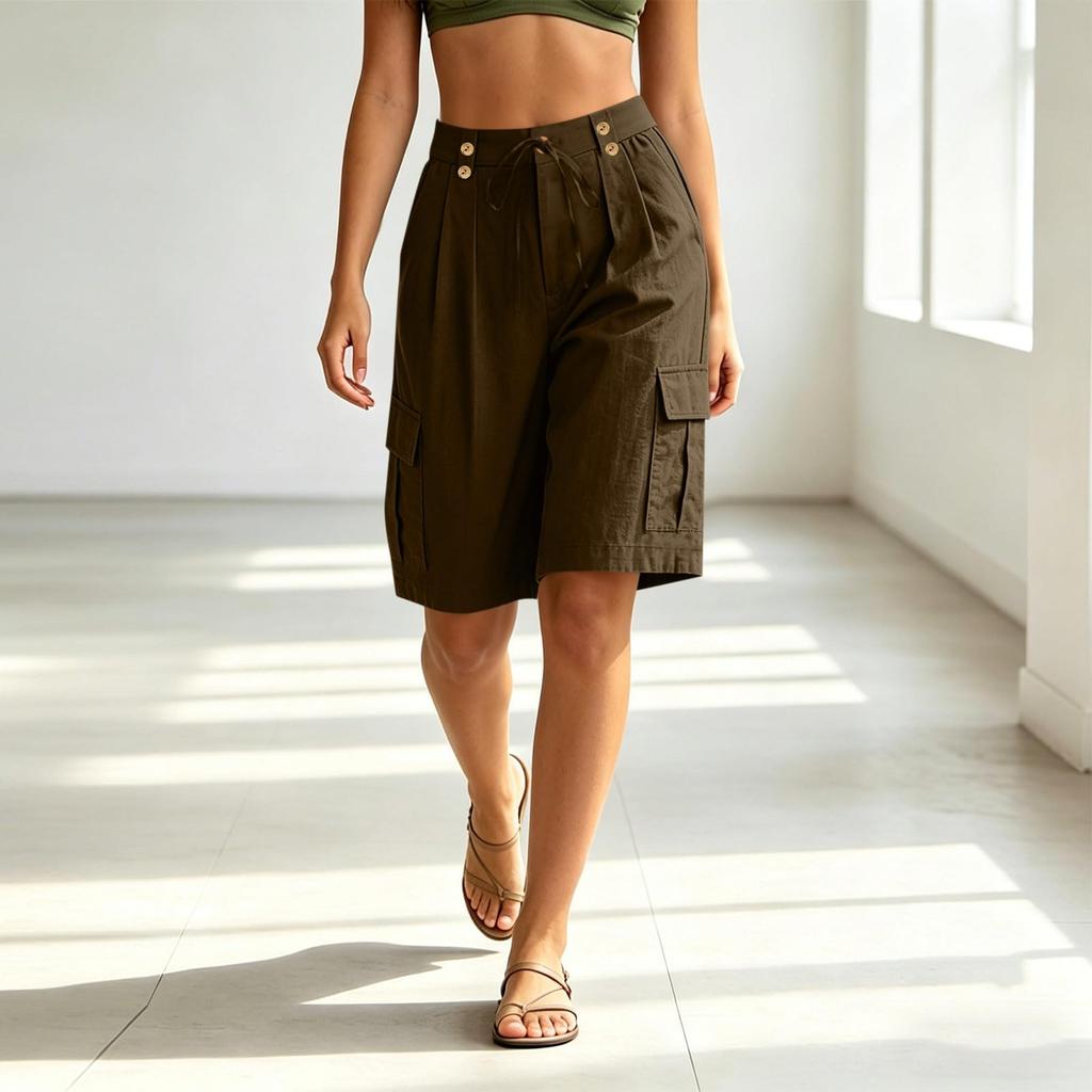 Damen Freizeit Cargo-Shorts knielang mit Knopfverschluss und Seitentaschen Leichter atmungsaktiver Stoff Geeignet für den täglichen Gebrauch