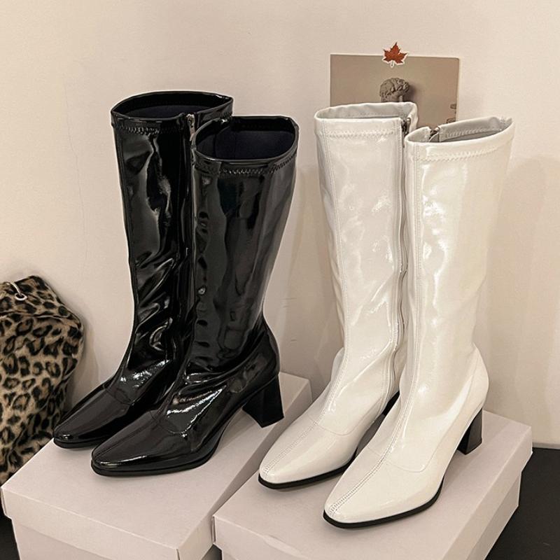 Winter Pointed Toe Patent Leather Women Knee High Boots Fashion Shoes Street Style High Heel Mordern Long Botas Mujer