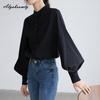Korean Fashion Spring Autumn Women Blouse Stand Collar White Black Blue Khaki Loose Casual Shirt Lantern Sleeve Stylish Elegant Blouse
