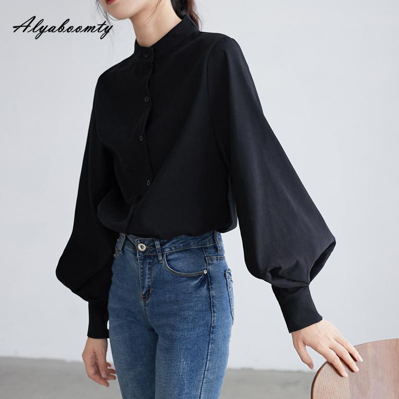 Korean Fashion Spring Autumn Women Blouse Stand Collar White Black Blue Khaki Loose Casual Shirt Lantern Sleeve Stylish Elegant Blouse