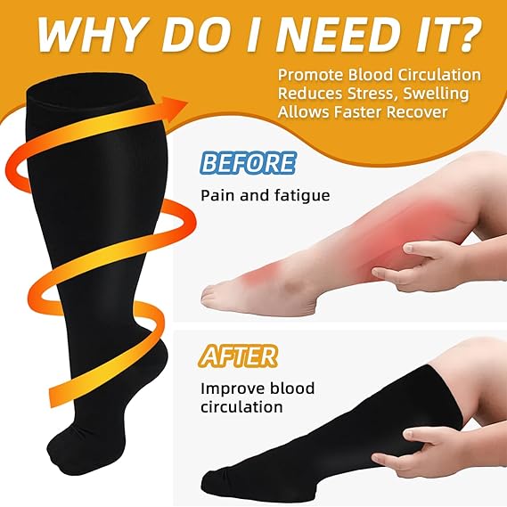 3 Pairs 2XL-7XL Plus Size Compression Men Socks 20-30 mmHg Wide Calf Extra Large Knee High Flight Socks for Circulation Support