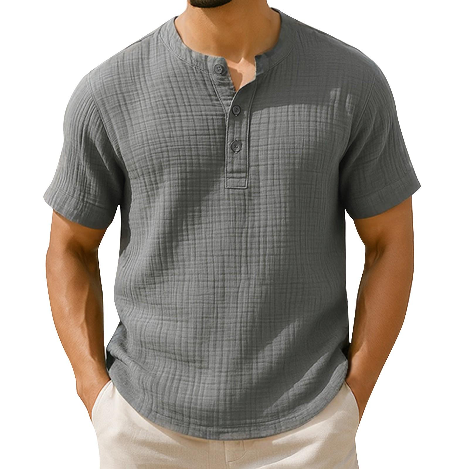 

Мужская летняя полосатая однотонная плиссированная текстура воротник на пуговицах свободный топ с коротким рукавом M