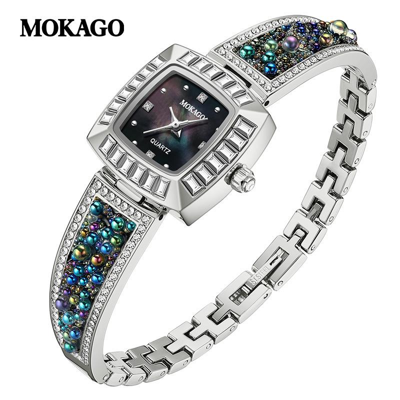 MOKAGO Women s Quartz Watch with Diamonds & Mother-of-Pearl, Waterproof Copper Bracelet, Fashionable Bestseller