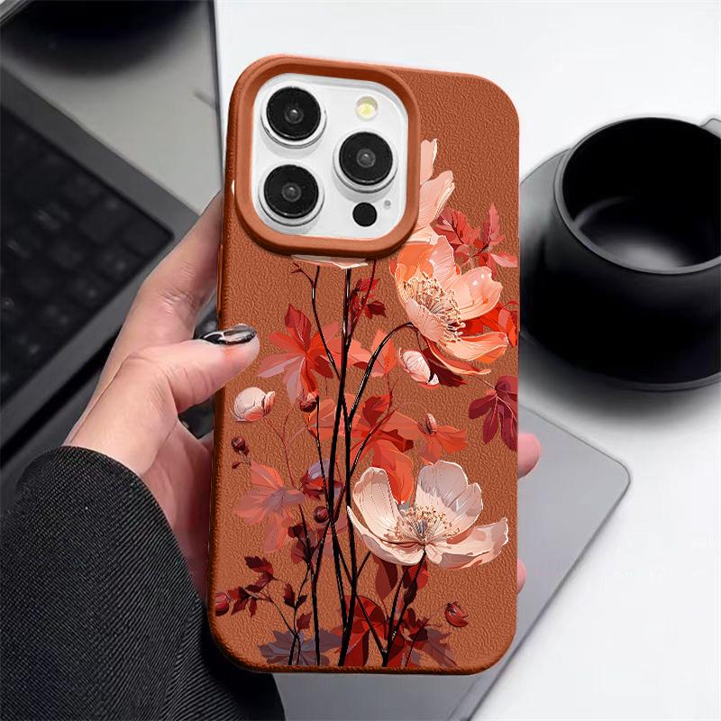 Handyhülle mit rosa Blumenmuster, Lederstruktur für iPhone 16 Pro 15 14 13 12 Pro Max, stoßfest, matt, schlank, einfarbig, TPU, weich, sturzsicher