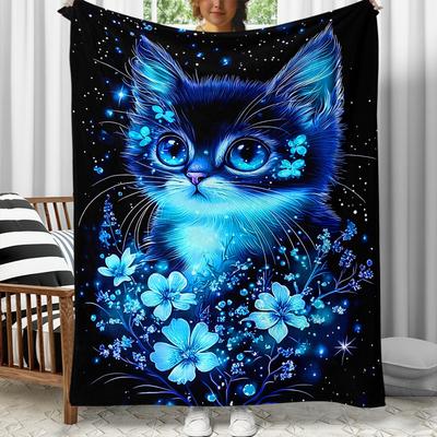 Glowing Blue Cat with Flowers Night Sky Blanket Soft Flannel Throw Home Decor Art Print Fantasy Animal Bedding Gift forCatLovers