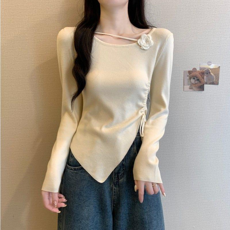 women floral applique ruched knit top square neck long sleeve form fitting casual solid color asymmetrical hem blouse