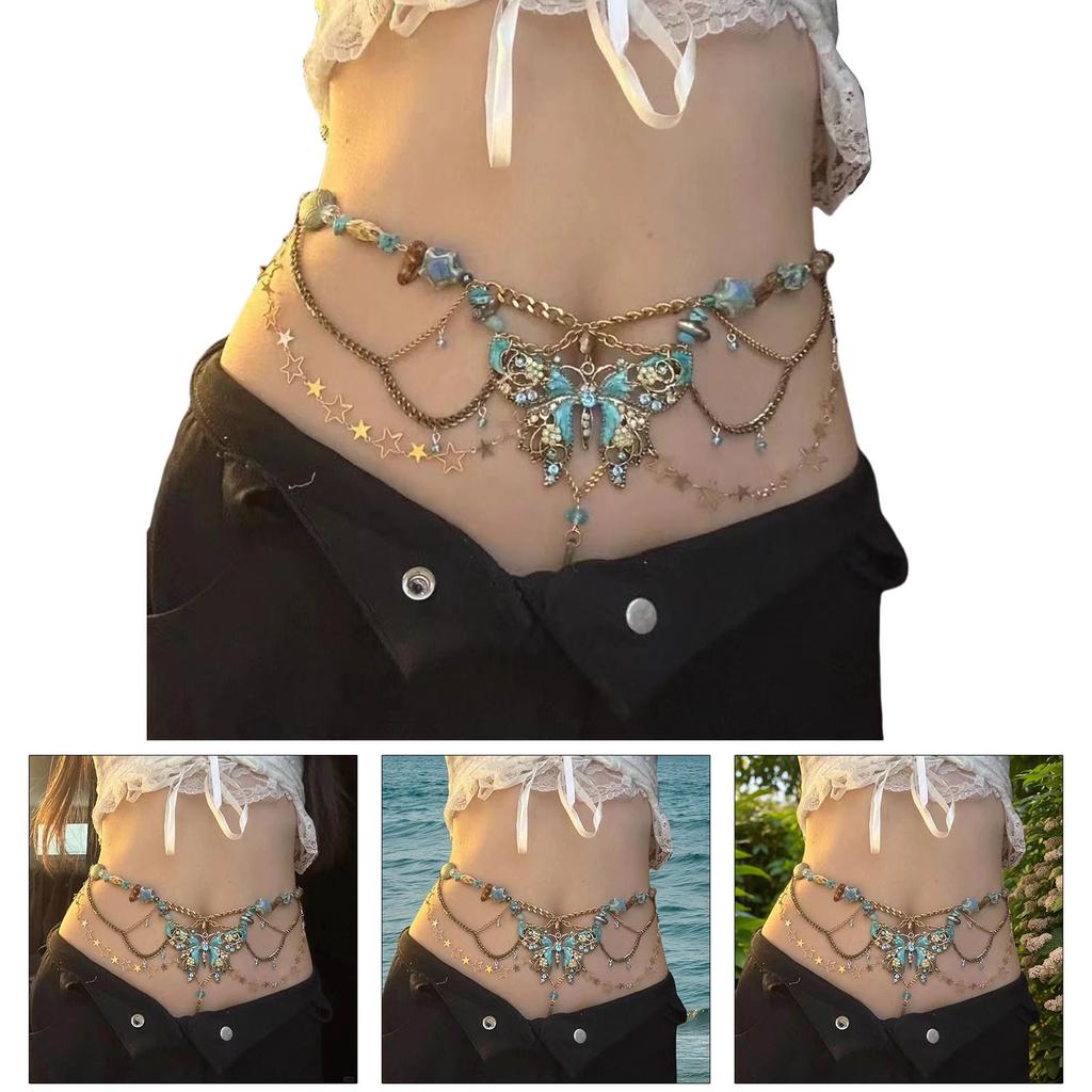 Rhinestones Waist Belt Stylish Multilayer Butterfly Waist Chain Elaborate Chain Belly Chain for Belly Dance Waist Chain