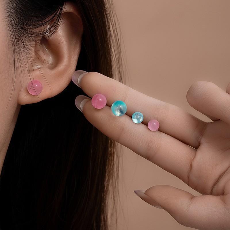 Aquamarine Round Bead Stud Earrings Screw Earrings Dopamine Sweet Simple Earrings Light Luxury Niche Ear Hole Earrings
