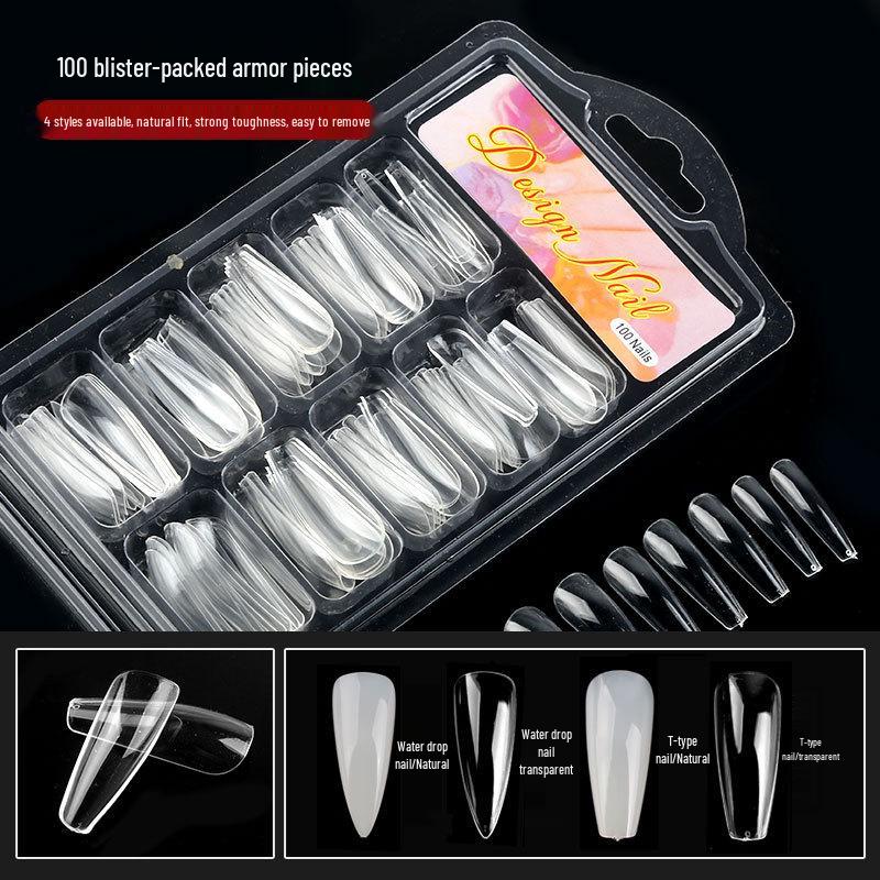 100-Piece Blister Box: Trapezoidal, Transparent Fake Nails - Full & Half Stick, Water Drop Designs