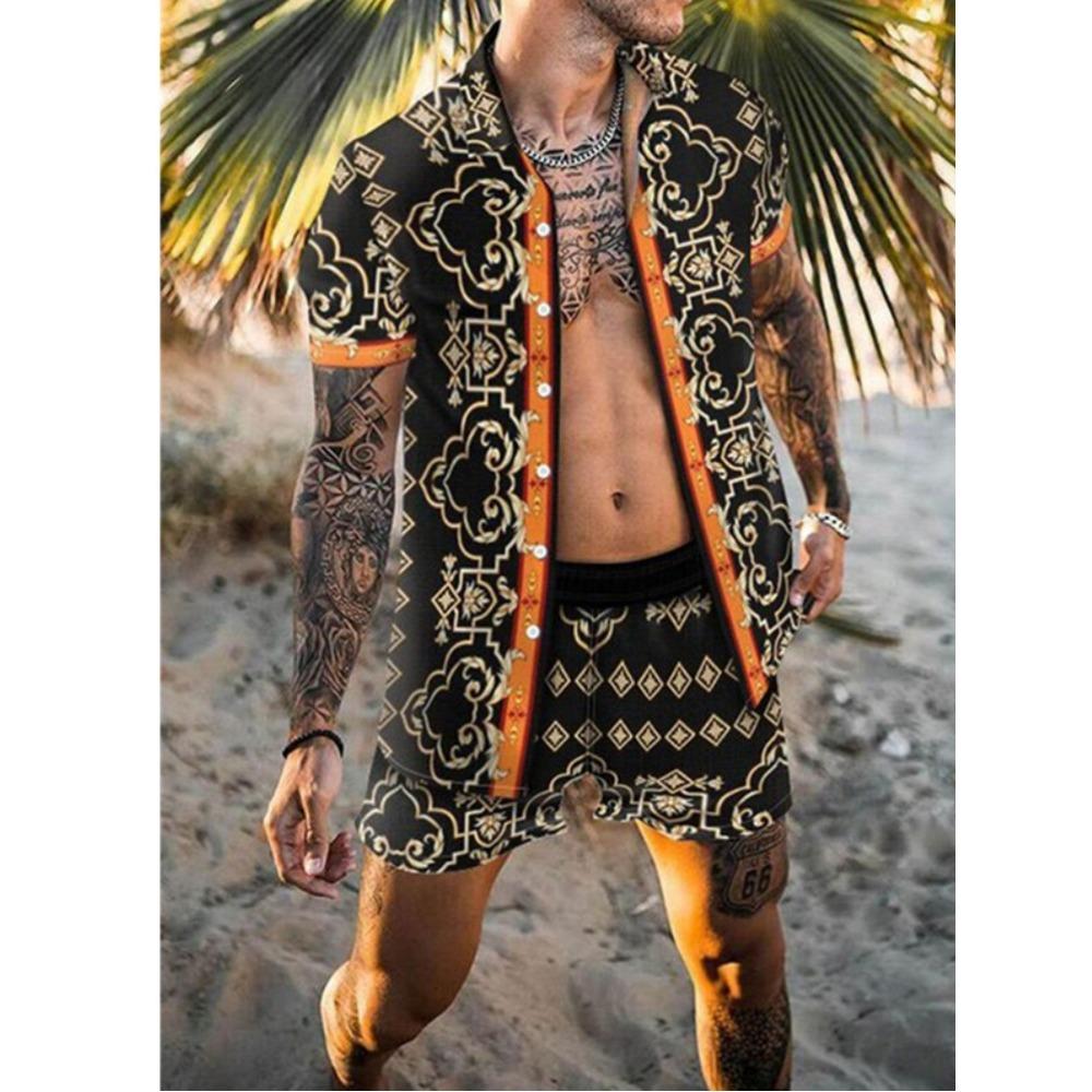 New Beach Set: Men’s Short-Sleeved Shirt and Shorts – Casual Printed Beach and Holiday Set