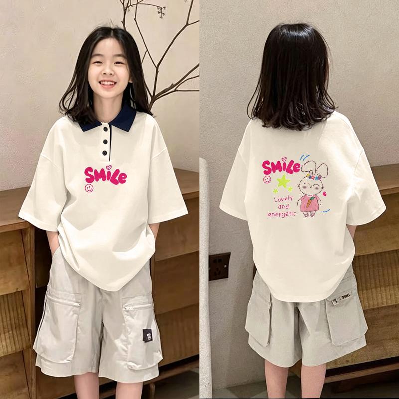 Trendy Girls' Cartoon Cotton Polo Shirt - Summer Patchwork Lapel Tee for Ages 8-15
