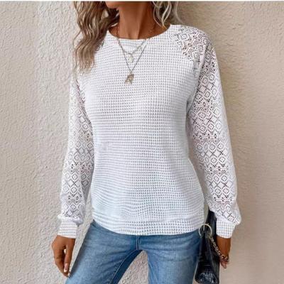 Spring Summer Solid Color Lace Long Sleeved Waffle Round Neck Casual T-Shirts Women’s