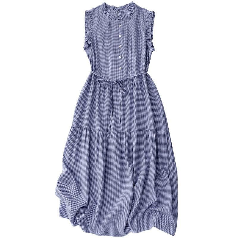 2025 Spring and Summer New Blue Plaid Lace Sleeveless Long Dress Women's Lace-up Waist Temperament Long Dress
